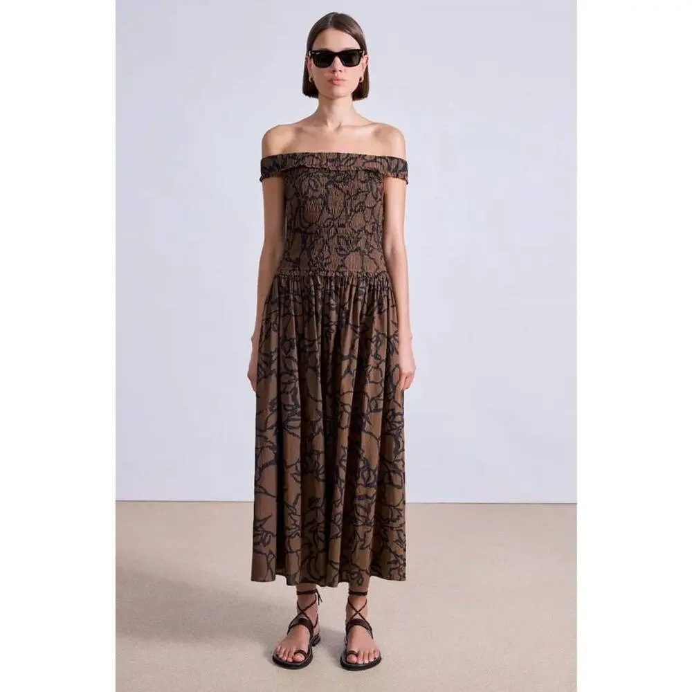 Apiece Apart Britt Off The Shoulder Maxi Dress in Large Lace Floral Chocolate XS - Picture 2 of 5